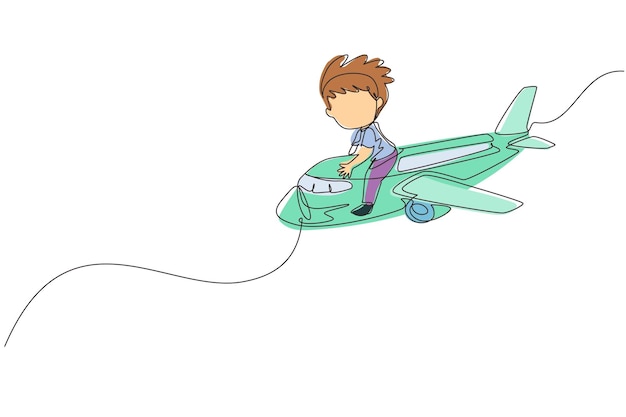 Un solo dibujo de línea continua, un niño lindo viajando en avión, niños felices en el avión, niños viajando en avión, concepto de viaje de verano, dibujo dinámico de una línea, diseño gráfico, ilustración vectorial.