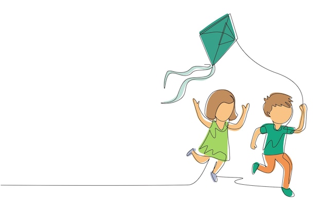 Un solo dibujo de línea continua niño y niña volando cometa Hermanos jugando juntos Niños jugando con cometa en el patio de recreo Niños con cometas jugando y se ven felices Diseño gráfico de dibujo de una línea