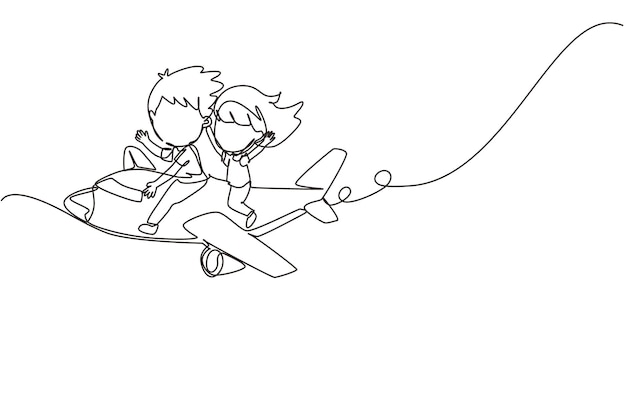 Un solo dibujo de línea continua de niños y niñas viajando en avión Niños felices en el avión Niños viajando en avión viaje de verano concepto de viaje dibujo de una línea ilustración vectorial de diseño gráfico