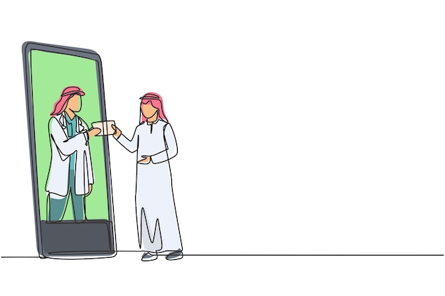 Un solo dibujo de línea continua de un paciente árabe que recibe una receta de un médico masculino en un teléfono inteligente