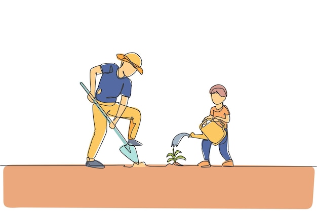 Un solo dibujo de línea continua padre cavando tierra y hijo regando una planta feliz paternidad familiar