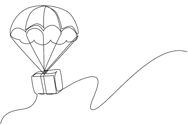 Un solo dibujo de línea continua paquete vuela a través del cielo utilizando paracaídas paquete de entrega rápida