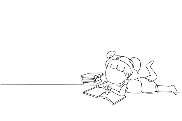 Un solo dibujo de línea continua Pequeña niña está leyendo un libro y soñando acostada en el suelo Pila de libros Fuente de conocimiento Estudiante inteligente Dibujar una línea diseño gráfico ilustración vectorial