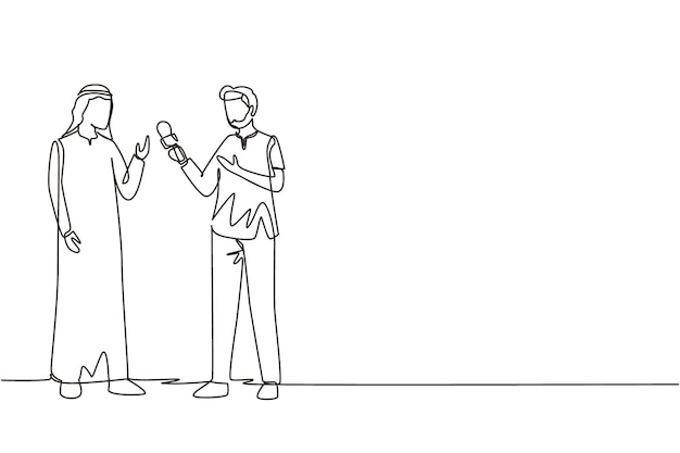 Un solo dibujo de línea continua del periodista árabe con micrófono haciendo el vector de la entrevista.