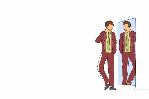 Un solo dibujo de línea continua personaje de hombre de negocios eligiendo un traje para una reunión de negocios vector