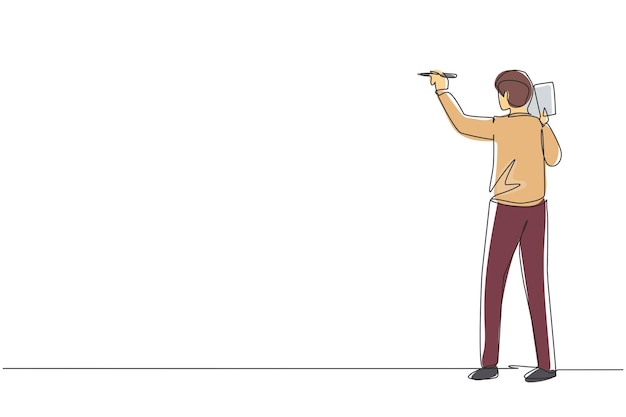 Un solo dibujo de línea continua del profesor de la escuela de negocios enseñando y escribiendo la fórmula en la pizarra.