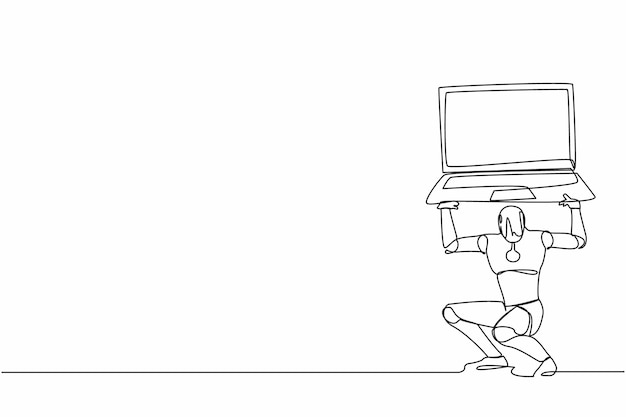 Un solo dibujo de línea continua de un robot cansado llevando una computadora portátil pesada en la ilustración de la parte de atrás