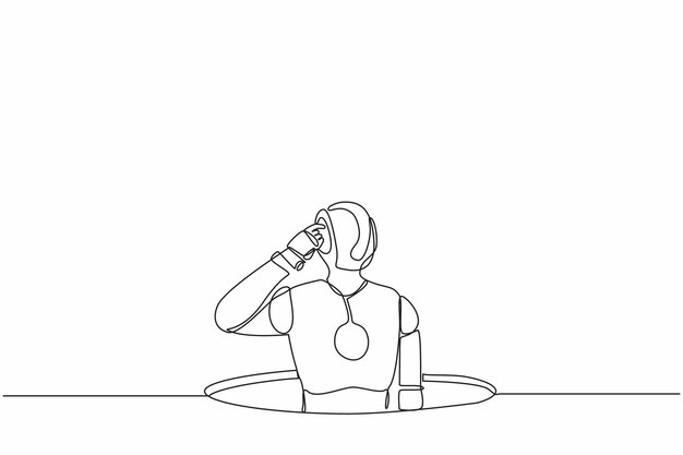 Un solo dibujo de línea continua robot confuso emerge de la ilustración vectorial de diseño de agujero
