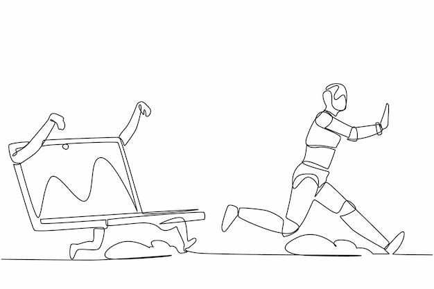 Un solo dibujo de línea continua robot estresado siendo perseguido por una computadora portátil robot fecha límite de la tecnología