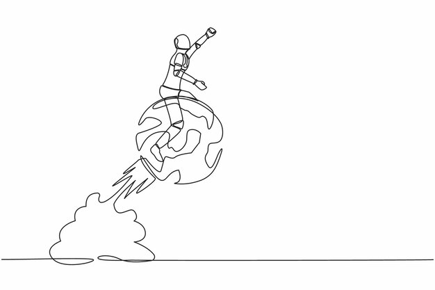 Un solo dibujo de línea continua robot montando esfera globo cohete volando en el cielo ilustración vectorial