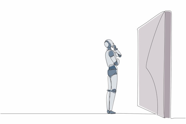Un solo dibujo de línea continua robot pensando frente a un gran obstáculo o pared Inteligencia artificial robótica moderna Industria de la tecnología electrónica Un dibujo de linea ilustración vectorial de diseño gráfico