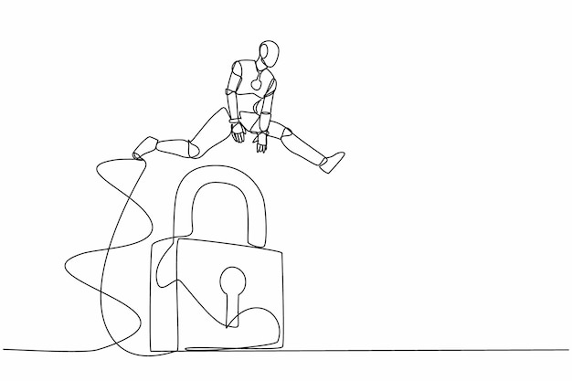 Un solo dibujo de línea continua robot saltando gran candado protección diseño vectorial gráfico de seguridad