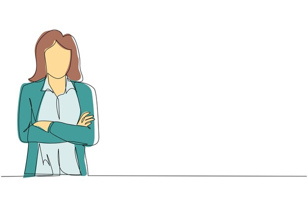 Un solo dibujo de línea continua sonriente mujer joven segura en camisa manteniendo los brazos cruzados vector