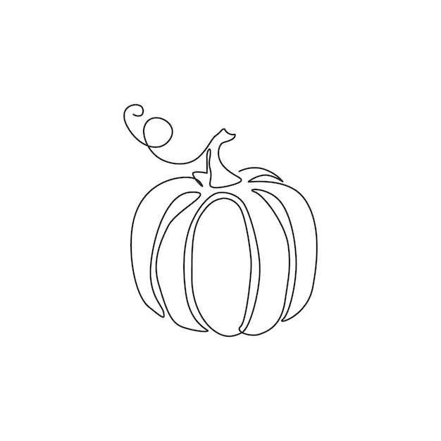 Un solo dibujo de línea continua de todo el logotipo del huerto de calabazas redondo y grande Icono de frutas de otoño fresco
