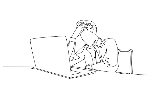 Un solo dibujo de línea continua trabajador de oficina cansado frente a la pantalla de la computadora portátil hombre de negocios sintiéndose mal sosteniendo la cabeza dolor de cabeza enfermo agotado estresado depresión dibujo de una línea ilustración vectorial de diseño