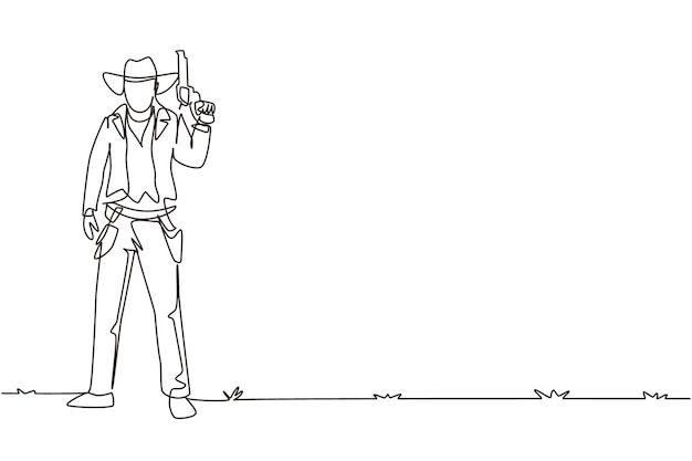 Un solo dibujo de línea continua vaquero inteligente con sombrero sosteniendo su arma estilo pistolero estadounidense sosteniendo concepto de arma armas para autodefensa dibujo dinámico de una línea ilustración vectorial de diseño gráfico.