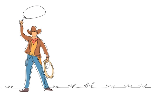 Un solo dibujo de línea continua de vaquero occidental de pie y arrojando lasso y elementos del oeste salvaje Hombre con sombrero de vaquero y lasso en el desierto dibujo dinámico de una línea ilustración vectorial de diseño gráfico.