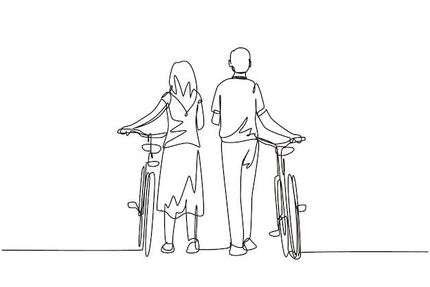 Un solo dibujo de línea continua vista trasera pareja hombre y mujer caminando juntos con bicicleta Niño y niña enamorados pareja casada romántica feliz dibujo de una línea diseño gráfico ilustración vectorial.