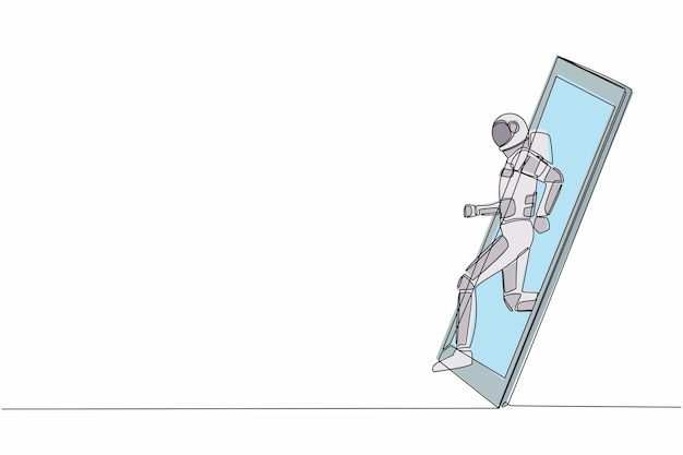 Un solo dibujo de una línea del corredor astronauta se centra en correr rápido en la pista saliendo de la pantalla del teléfono