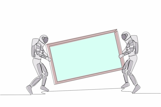 Un solo dibujo de una línea dos astronautas llevando un gran espejo a la oficina espacial hombre del espacio con muebles