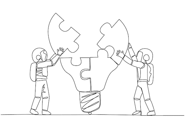 Un solo dibujo de una línea de dos astronautas trabajando en equipos para completar una ilustración de rompecabezas de bombillas