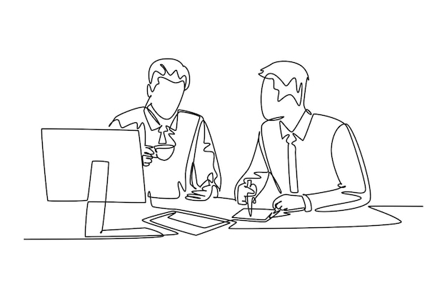 Un solo dibujo de una línea de dos hombres jóvenes sentados junto a una taza de café y hablando de planes de trabajo en la oficina Concepto de estilo de vida de éxito Diseño de dibujo de líneas continuas modernas Ilustración gráfica vectorial