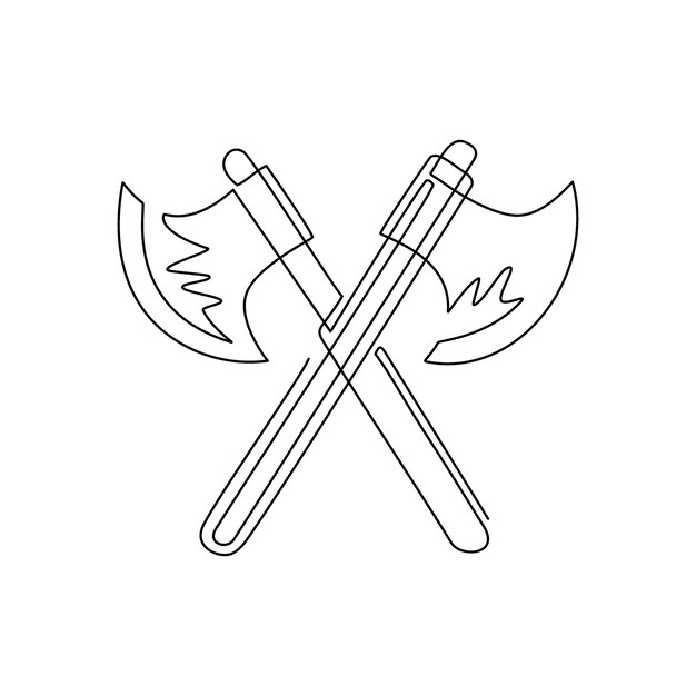 Un solo dibujo de una línea de ejes de leñador cruzados icono de ejes cruzados aislados en fondo blanco