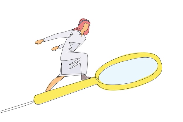 Un solo dibujo de una línea empresario árabe monta una gran lupa como su ilustración de skateboard