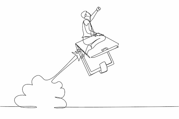 Un solo dibujo de una línea empresario montando un cohete de billetera volando en el cielo Logros en Finanzas