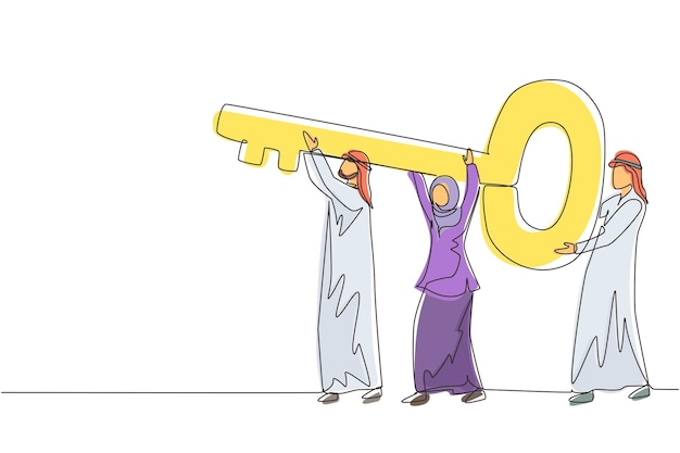 Un solo dibujo de una línea de un equipo de negocios árabe sosteniendo y llevando una gran llave para desbloquear el vector de la cerradura.