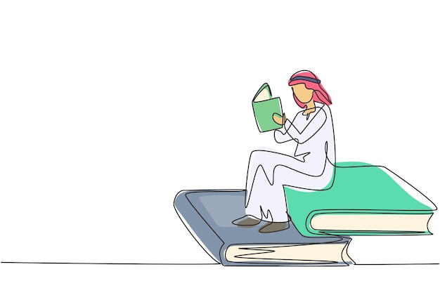 Un solo dibujo de una línea estudiante árabe de sexo masculino leyendo aprendiendo y sentado en grandes libros vector gráfico