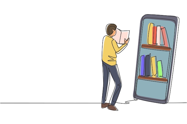 Un solo dibujo de una línea de un estudiante masculino leyendo un libro mientras está de pie frente a un vector de diseño de teléfono inteligente