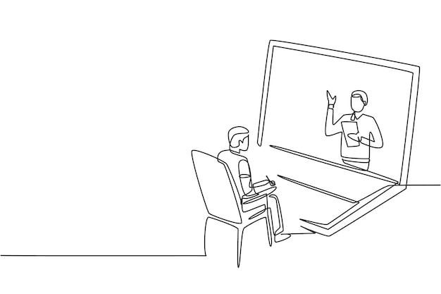 Un solo dibujo de una línea estudiante de sexo masculino sentado estudiando mirando fijamente la pantalla gigante de una computadora portátil diseño vectorial