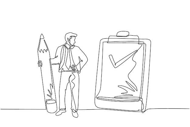 Un solo dibujo de una línea feliz empresario sonriente con lápiz clipboard lista de comprobación vector completado