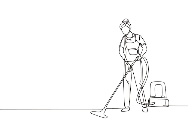 Un solo dibujo de línea femenina profesional ocupado portero limpieza por vacío guante de protección interior.