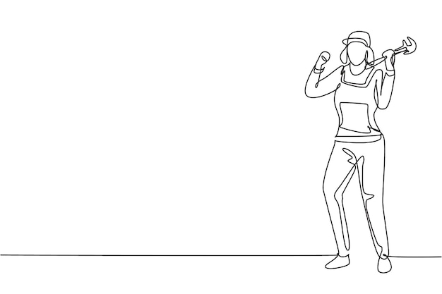 Un solo dibujo de una línea de fontanero se para con gesto de celebración sosteniendo el vector de herramienta de carpintería