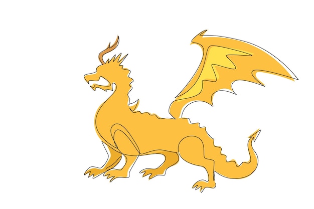 Un solo dibujo de una línea fuerte dragón de cuento de hadas lagarto mágico con alas y serpiente que respira fuego dragón volador reptil medieval diseño de dibujo de línea continua moderno ilustración vectorial gráfica