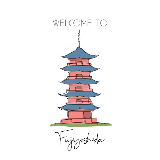 Un solo dibujo de línea Fuji San Pagoda punto de referencia. Lugar famoso en el mundo en Fujiyoshida, Japón. Carta postal de viaje turístico concepto de arte de decoración de pared del hogar. Diseño de diseño vectorial de dibujo continuo moderno