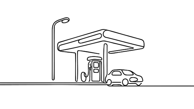 Un solo dibujo en línea de una gran gasolinera en la ciudad