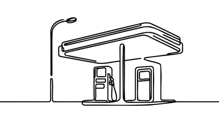 Vector un solo dibujo en línea de una gran gasolinera en la ciudad