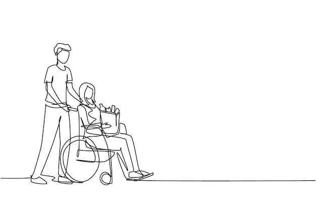 Un solo dibujo de una línea de un hombre apoyando y cuidando a una mujer discapacitada en silla de ruedas ilustración vectorial