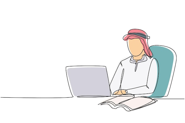 Un solo dibujo de una línea hombre árabe estudiando con una computadora portátil y libro abierto Vector de regreso a la escuela