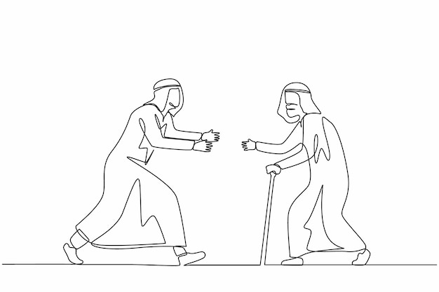 Un solo dibujo de una línea hombre árabe feliz corriendo a encontrarse con el abuelo vacaciones en la casa de los abuelos padre anciano hombre jubilado vacaciones de verano diseño de línea continua ilustración gráfica vectorial