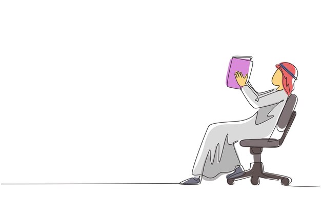 Un solo dibujo de una línea hombre árabe lee un libro en la silla vista lateral del proceso de salida de aprendizaje vector.