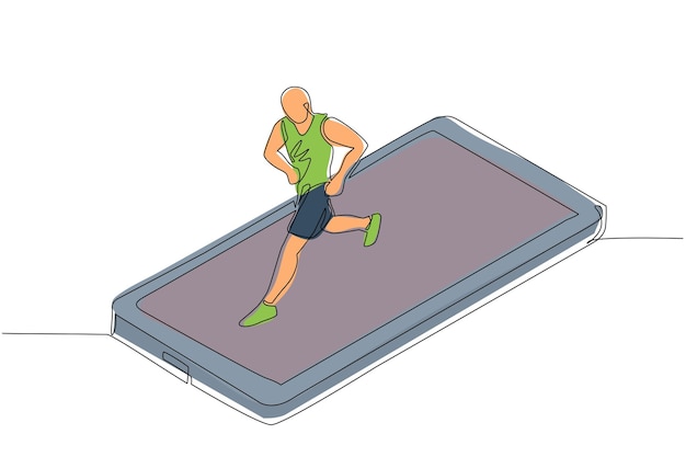 Un solo dibujo de una línea hombre corriendo en la cinta de correr de la pantalla del teléfono inteligente aplicación de fitness de ejercicio y deportes