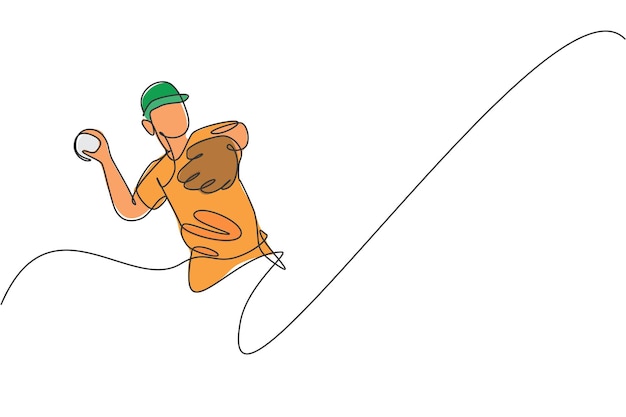Un solo dibujo de línea hombre enérgico jugador de béisbol lanzar la velocidad de la pelota vector diseño deportivo