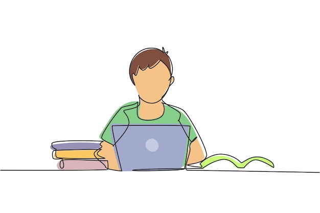Un solo dibujo de una línea hombre estudiando con una computadora portátil pila de libros de vuelta a la escuela estudiante inteligente