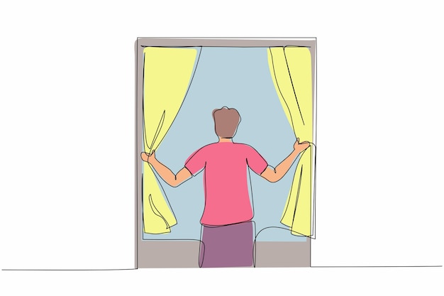 Vector un solo dibujo de una línea hombre feliz abriendo cortinas de la ventana despertar y abrir cortinas por la mañana