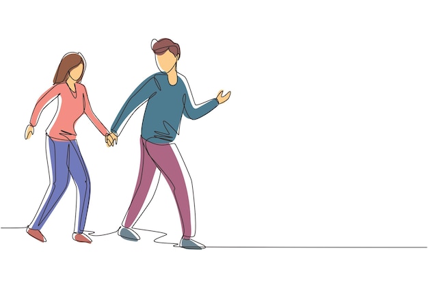 Un solo dibujo de una línea hombre feliz tiró de la mano de la mujer pareja romántica caminando en vacaciones románticas de luna de miel paseo marítimo pareja vacaciones de verano dibujo de línea continua diseño gráfico ilustración vectorial.