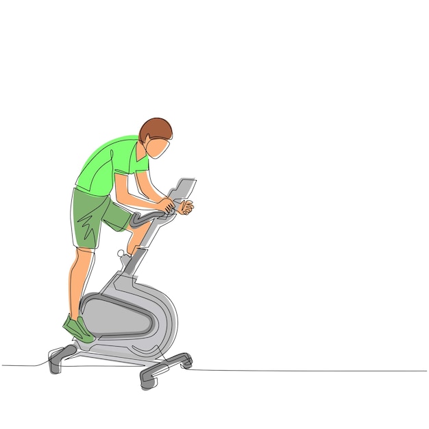Un solo dibujo de una línea hombre haciendo cardio bicicleta estacionaria Ejercicio utilizando vector de diseño de bicicleta estática